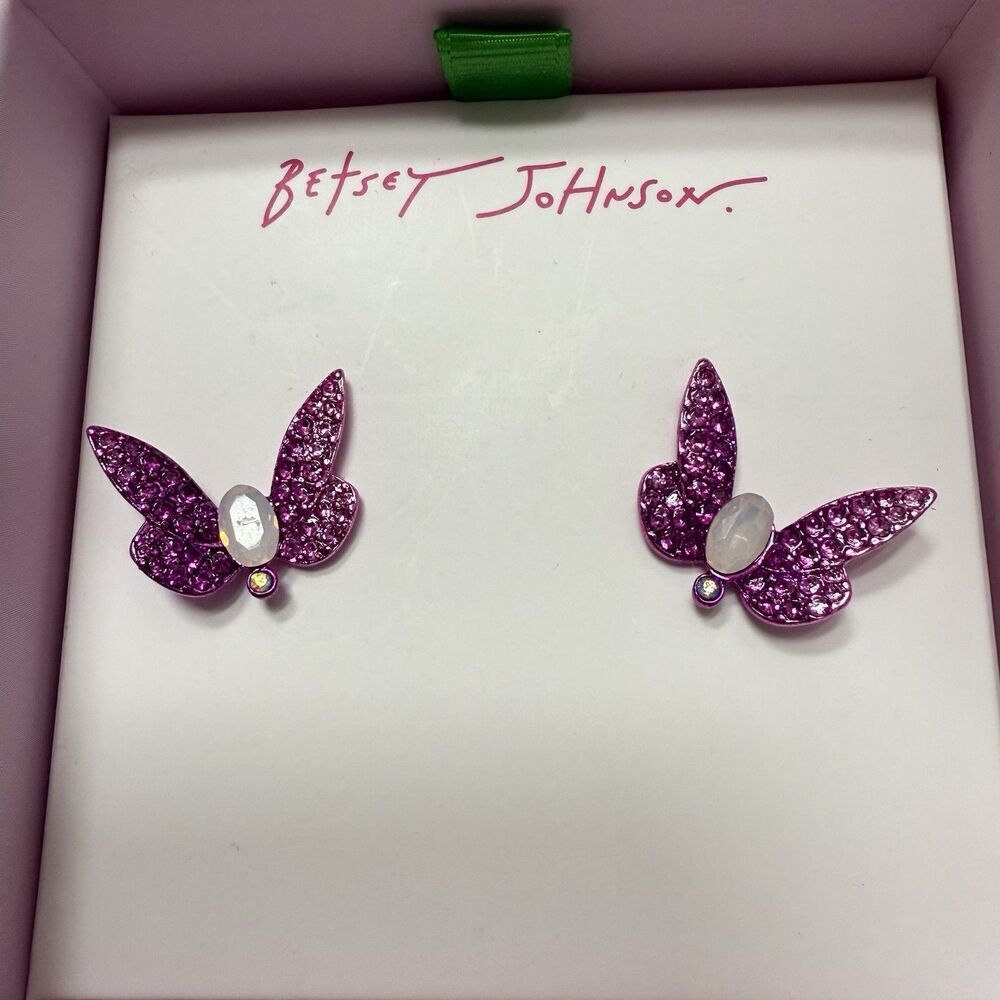 Betsey Johnson Pink Metallic Butterfly Stud Earrings Crystal Accents Strawberry